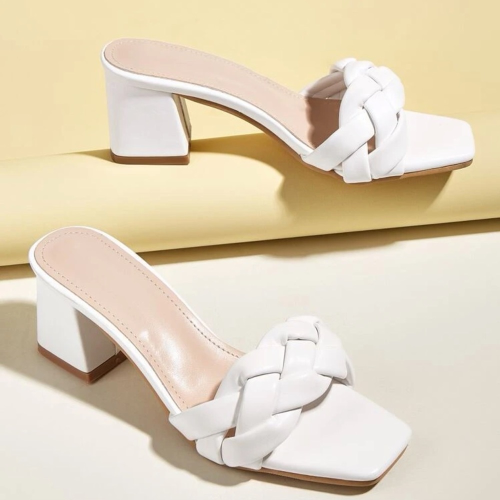 NIB SHEIN White Braided Strap Block Heels Slide Mules Heels Size 6
